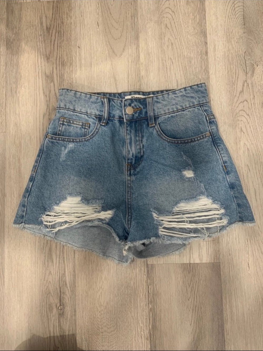 Tiger Mist Light Blue Distressed High-Waist Jean Shorts